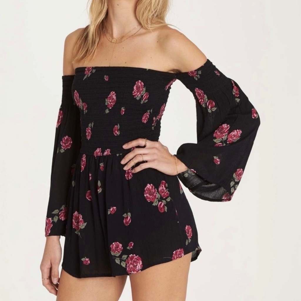 Billabong Black Floral Off-Shoulder Romper
